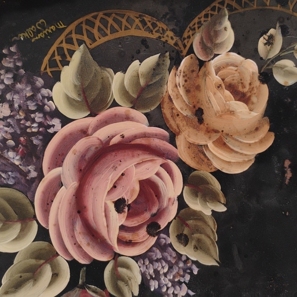 Vintage Hand-Painted Floral Tole Tray by Mariam Walker – 21" Black & Gold Metal - Picture 2 of 12